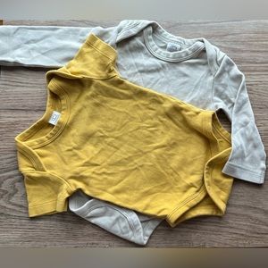 LOT 2 Colored Organics onesies, mustard yellow gray tracks short long sleeve
